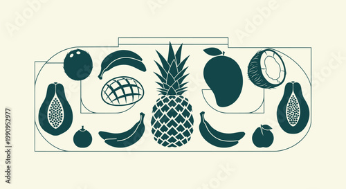 Minimalist tropical fruit flat illustration with pineapple mango papaya and banana silhouettes.