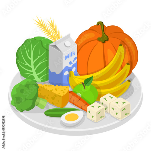 3D Isometric Flat Vector Set of Vegetarian Food Plates, Organic Grocery Products. Item 7