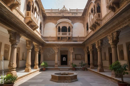 Interior Courtyard of Traditional Indian Haveli with Ornate Design