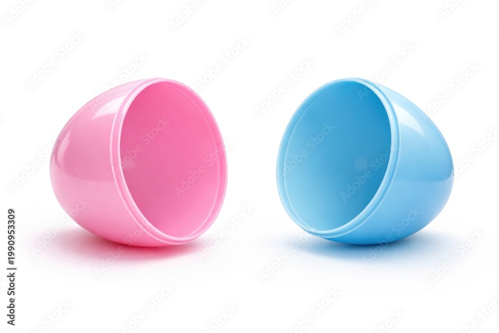 Fototapeta premium Opened pink and blue Easter egg split in two with blank copy space
