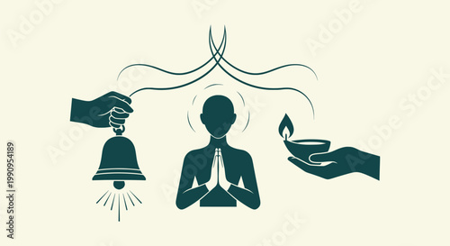 Indian Spirituality and Devotion Concept Vector Illustration with Prayer Diya and Temple Bell Icon