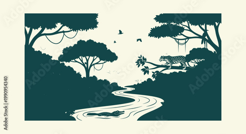 Tropical Jungle Landscape Silhouette with Leopard on Tree and Crocodile in River Vector Art Design