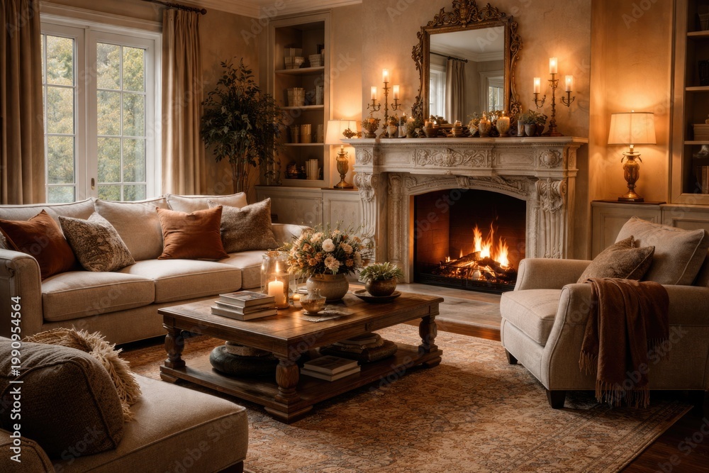 Fototapeta premium Warm living room scene showcasing soft seating and an ornamental fireplace