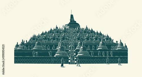Ancient Borobudur Temple Landmark Illustration with People and Stupas in Central Java Indonesia
