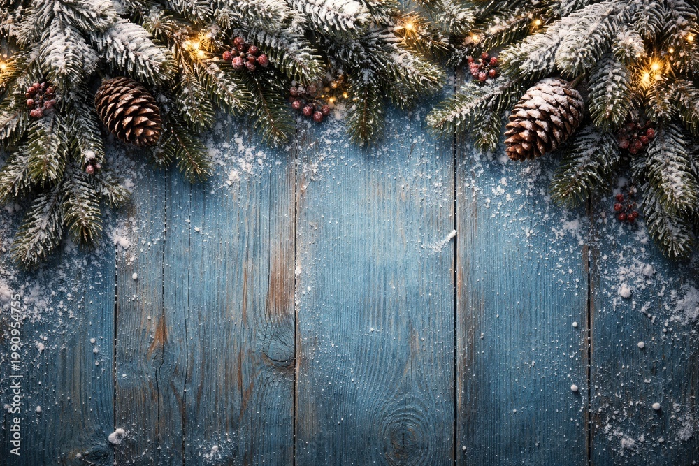 Fototapeta premium Christmas winter backdrop with fir branches pinecones and snow on a textured blue wooden surface
