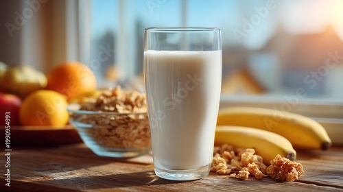 A glass of fresh milk, served with a bowl of granola and fresh fruit, makes a healthy breakfast or a delicious snack.