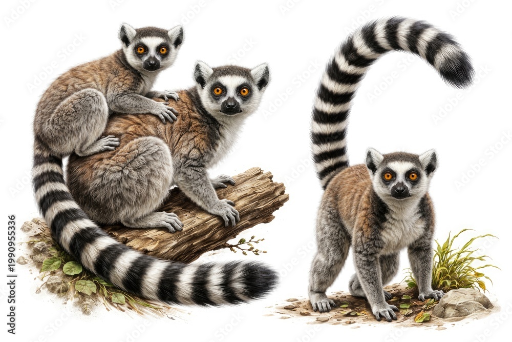 Fototapeta premium Detailed illustrations of ring tailed lemurs on white background