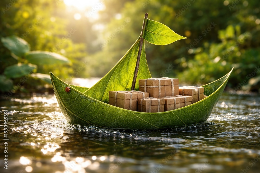 Obraz premium Leaf inspired paper boat illustrating environmentally safe shipping and cargo delivery