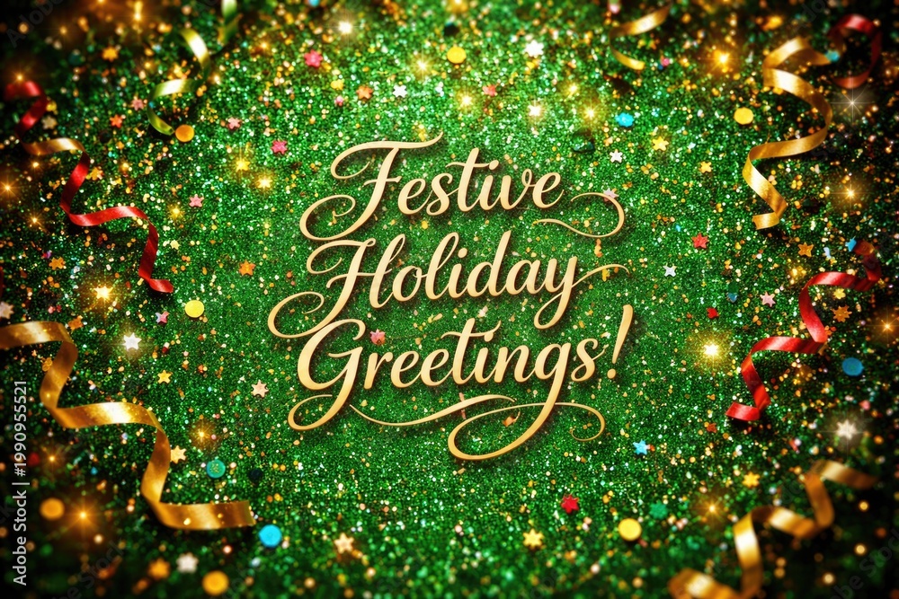 Fototapeta premium Festive holiday greetings with sparkling confetti on vibrant green glitter background