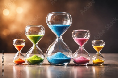 Vibrant sand timers of different sizes illustrating time concept with copy space for text and clipping path