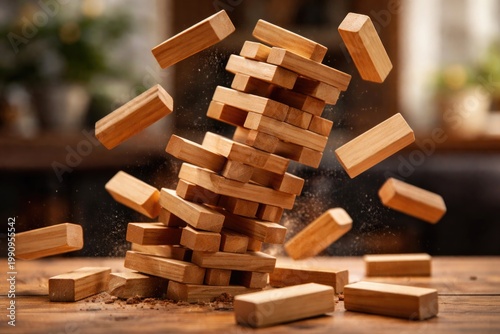 falling wooden jenga tower with out of focus background scene