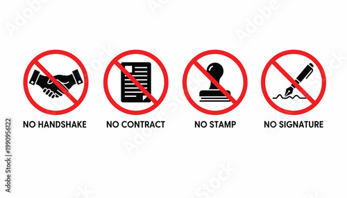 Prohibited Forbidden Business Agreement Signs - No Handshake No Contract No Stamp No Signature Red Circle Vector
