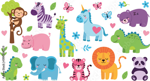 Cute Kawaii Animal and Dinosaur Illustration Set Featuring Monkey Zebra Giraffe Unicorn Hippo Lion Elephant Tiger Panda and Sleepy Bear for Childrens Nursery Decor and Stationery