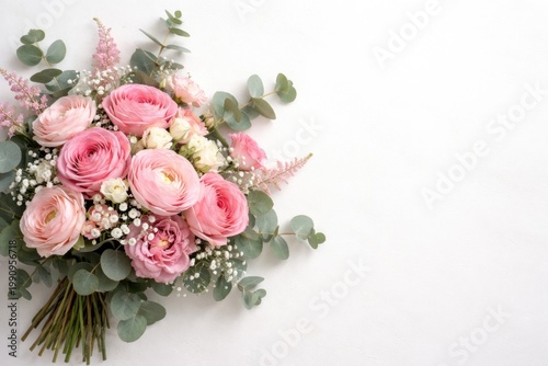 Top view of pink flower bouquet with eucalyptus leaves arranged on white surface and copy space