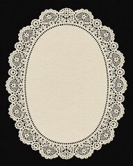 Vintage oval lace doily frame with blank textured paper center on black background. Elegant decorative border with copy space for invitations, greeting cards, menus, scrapbooking or branding.