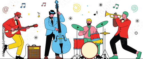 Retro Jazz Band Vector Illustration with Musicians Playing Guitar Double Bass Drums and Trumpet for Music Festival Posters Live Performance Events and Editorial Designs