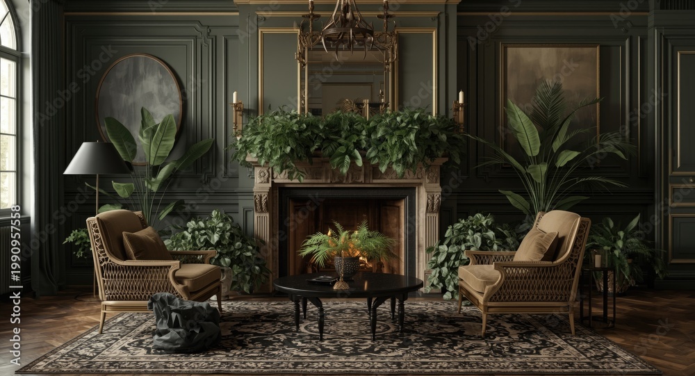 Fototapeta premium Welcoming sitting room boasting a classic fireplace and dense green plant arrangements