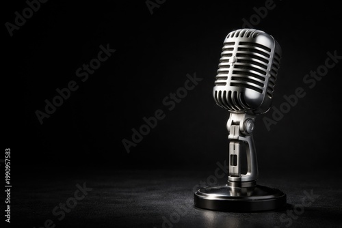 Old fashioned microphone set on deep black surface with copy space