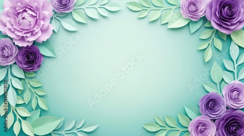 Elegant 3D paper cut purple flowers and delicate green leaves artfully frame a soft, serene pastel background.