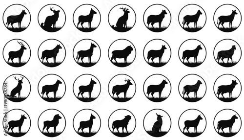 Deer silhouettes arranged in circular frames represent a collection of various wildlife species displayed on a clean white background for design projects.
