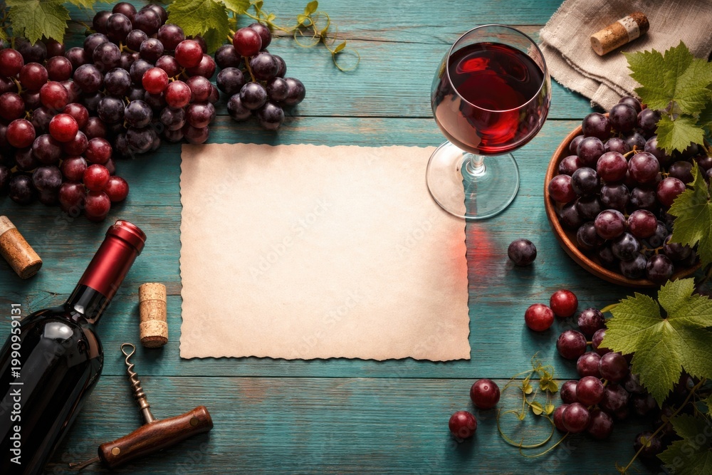Fototapeta premium Inviting scene of red wine with grapes and paper on a turquoise wood surface perfect for copy space tasting invites