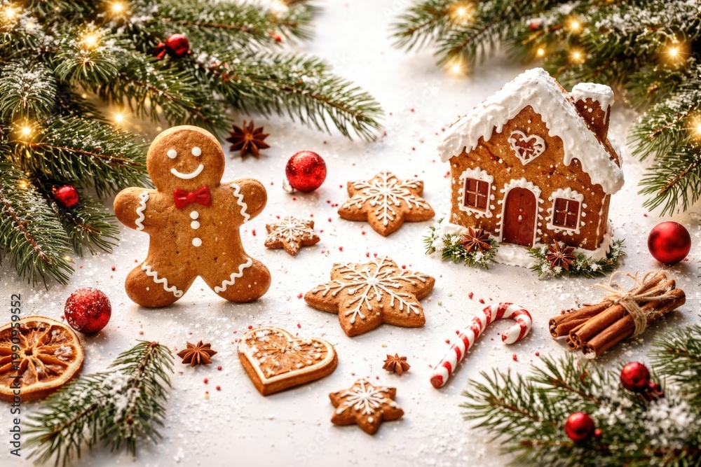 Obraz premium Seasonal gingerbread and fir tree branches festive setting with white backdrop