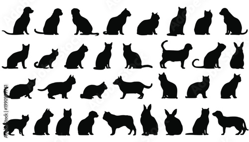 Cats collection displaying various sitting and standing postures rendered as a series of isolated black silhouettes perfect for creative graphic design projects and digital animal iconography.