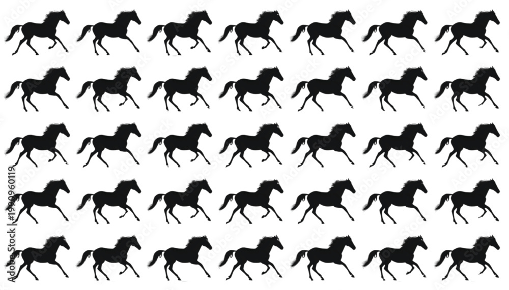 Fototapeta premium Horses silhouette set displays a repetitive pattern of galloping equines captured in a uniform running motion, providing a versatile resource for sports, equestrian branding, and creative design.