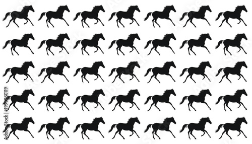Horses silhouette set displays a repetitive pattern of galloping equines captured in a uniform running motion, providing a versatile resource for sports, equestrian branding, and creative design.