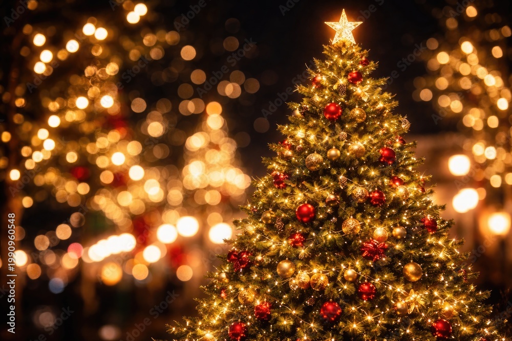 Obraz premium Festive Christmas tree lights glowing in nighttime bokeh background