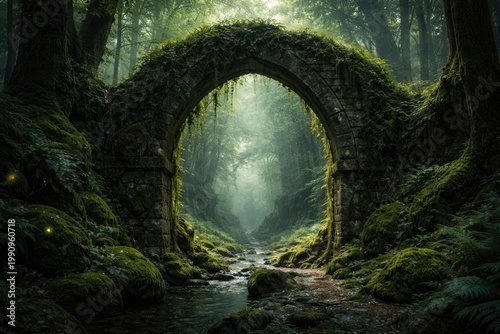 Mystical stone arch wrapped in moss within an enchanting emerald forest passage
