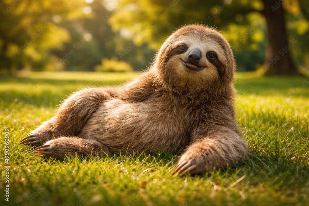 Fototapeta premium Cheerful pet sloth relaxing on fresh green lawn in warm summer full length outdoors