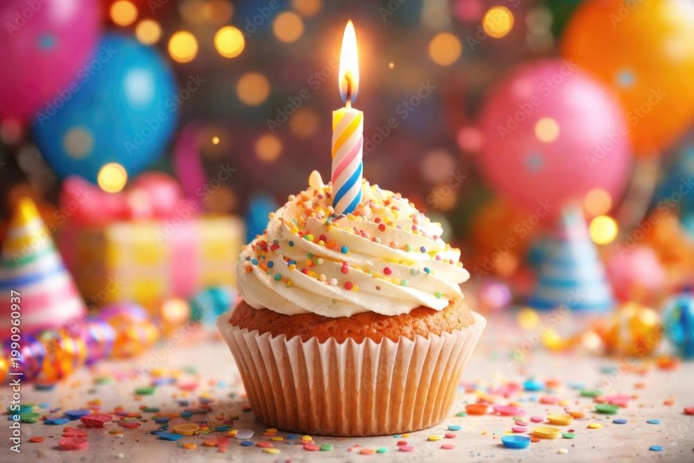 Fototapeta premium Scrumptious birthday cupcake featuring a flickering candle against a lively backdrop