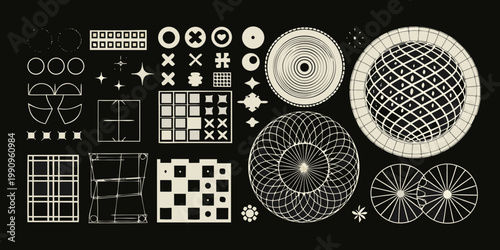 Abstract arrangement of geometric shapes and patterns on a black background