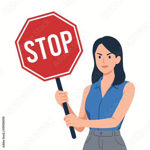 A determined woman stands firmly holding a stop sign, symbolizing the need to pause or reconsider important decisions. Her expression conveys urgency and authority in this graphic.