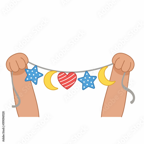 This cheerful image depicts children holding a garland decorated with stars and moons, capturing the spirit of celebration, friendship, and creativity in a playful way.