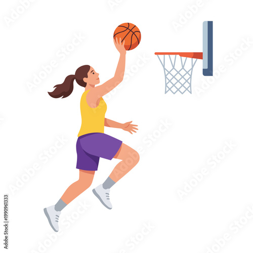 An athletic young woman leaps gracefully towards a basketball hoop, showcasing her strength and agility, embodying the spirit of sports and competitive energy.