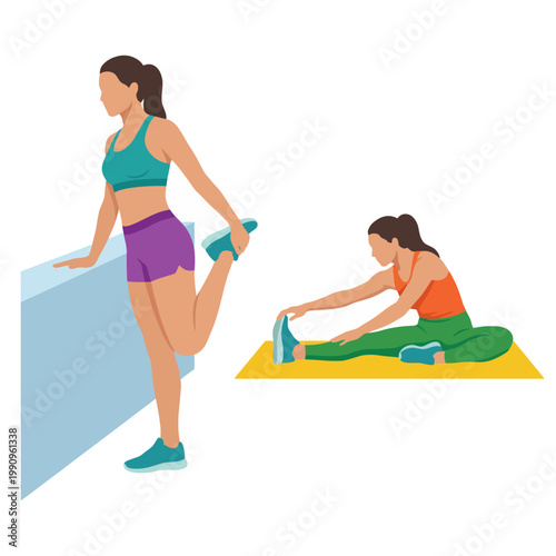 Two athletic women are performing stretching poses, demonstrating a focus on fitness and wellness while highlighting the importance of exercise and health in daily routines.