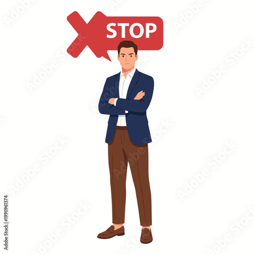 An assertive illustration of a man signaling 'stop'. The speech bubble indicates strong directions, emphasizing the power of communication in asserting boundaries.