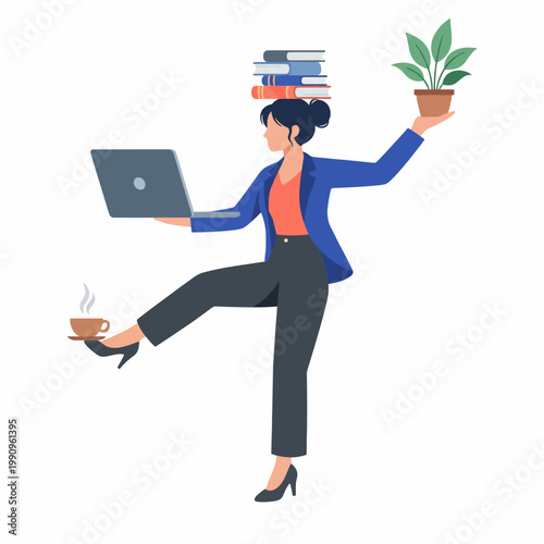 This illustration captures a busy professional balancing work and life, with a laptop, books, and a plant, showcasing the challenges of multitasking in a modern environment.