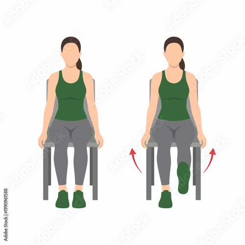 This image showcases a seated leg extension exercise, demonstrating proper posture and technique for sitting and extending the leg, ideal for fitness and rehabilitation contexts.