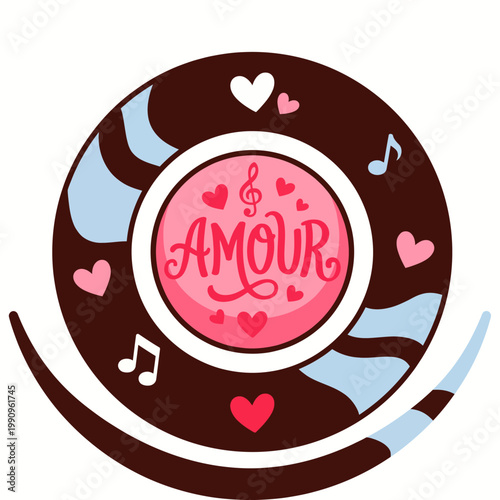 A whimsical and artistic representation of love, featuring musical notes and hearts centered around the word 'Amour', capturing romance and creativity in an engaging style.