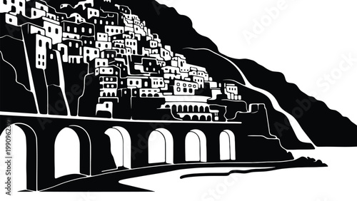 Black and white illustration of a bridge with a town on a hillside