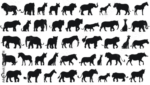 Animals silhouette collection displays a diverse array of wild creatures arranged in a structured grid pattern isolated on a clean white background for graphic design projects and educational.