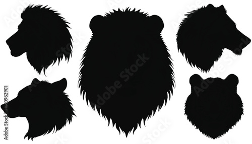 Predators collection displaying five distinct bear and lion head silhouettes in a clean layout provides professional graphic assets for branding, logos, or wildlife themed design projects today.