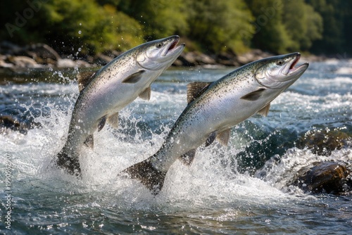 Two vibrant silver salmon playfully springing from sparkling river waters
