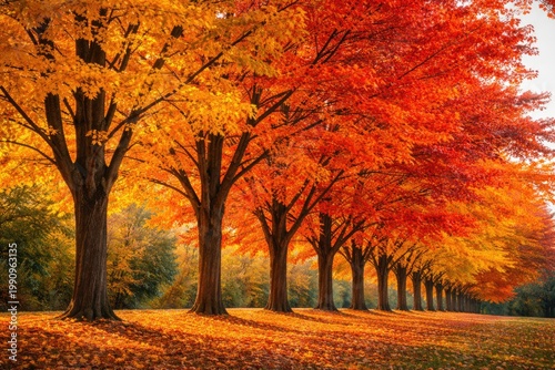 Trees aligned in a vibrant display of autumn leaves