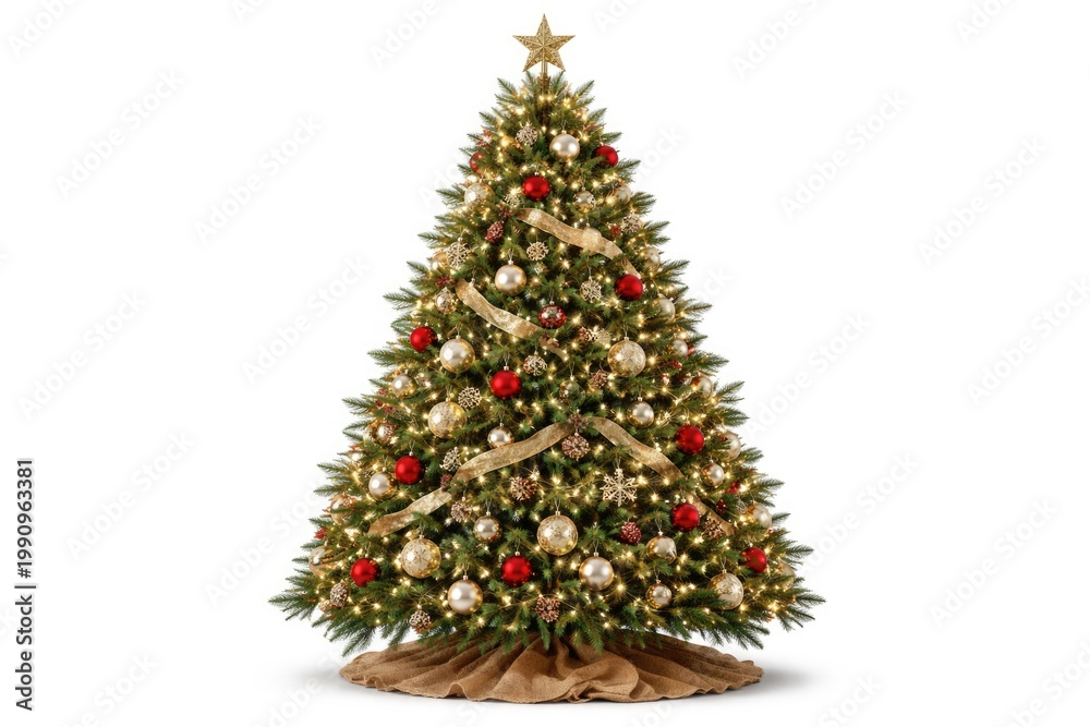 Fototapeta premium Festive Christmas tree adorned with lights and baubles isolated on white