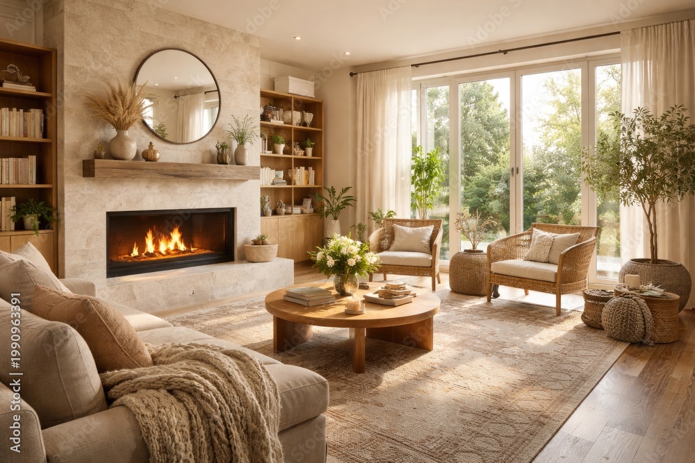 Fototapeta premium warm inviting living room with a modern fireplace and abundant daylight
