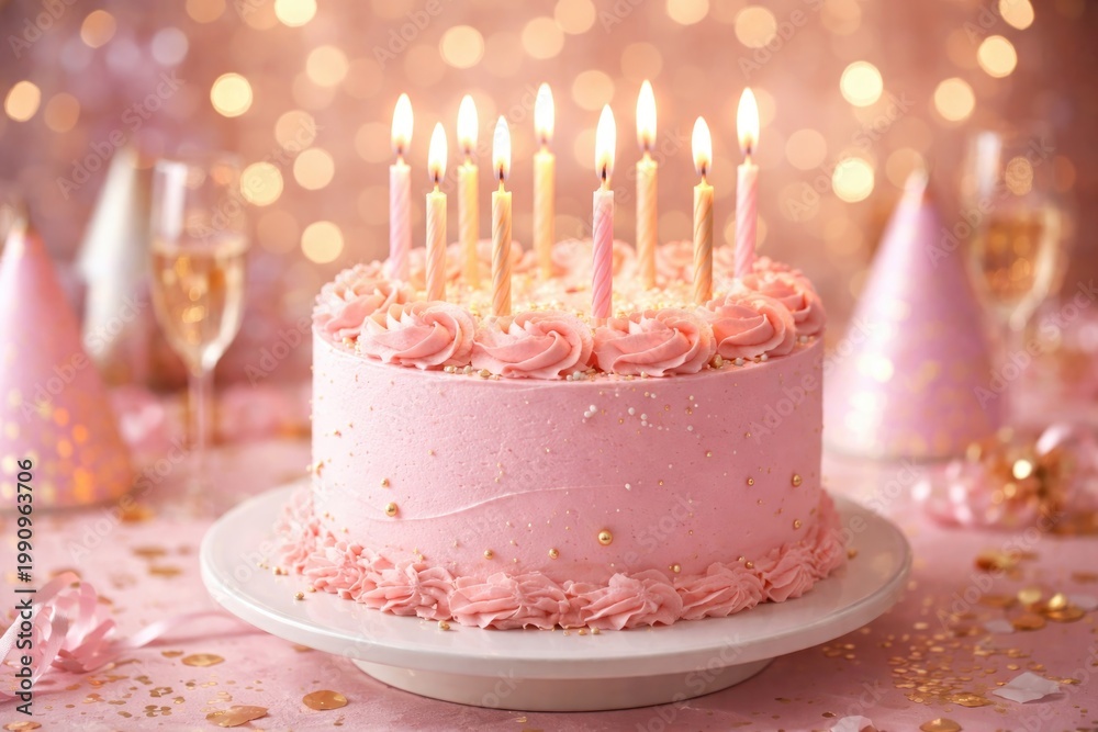 Fototapeta premium Birthday celebration with pastel pink cake topped with candles and shimmering light bokeh backdrop